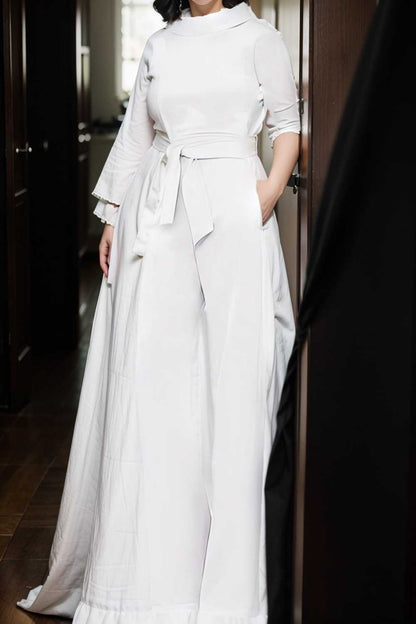 solid five point sleeve belted wide leg jumpsuit 108415