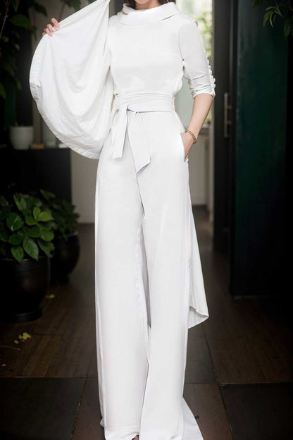 solid five point sleeve belted wide leg jumpsuit 108044