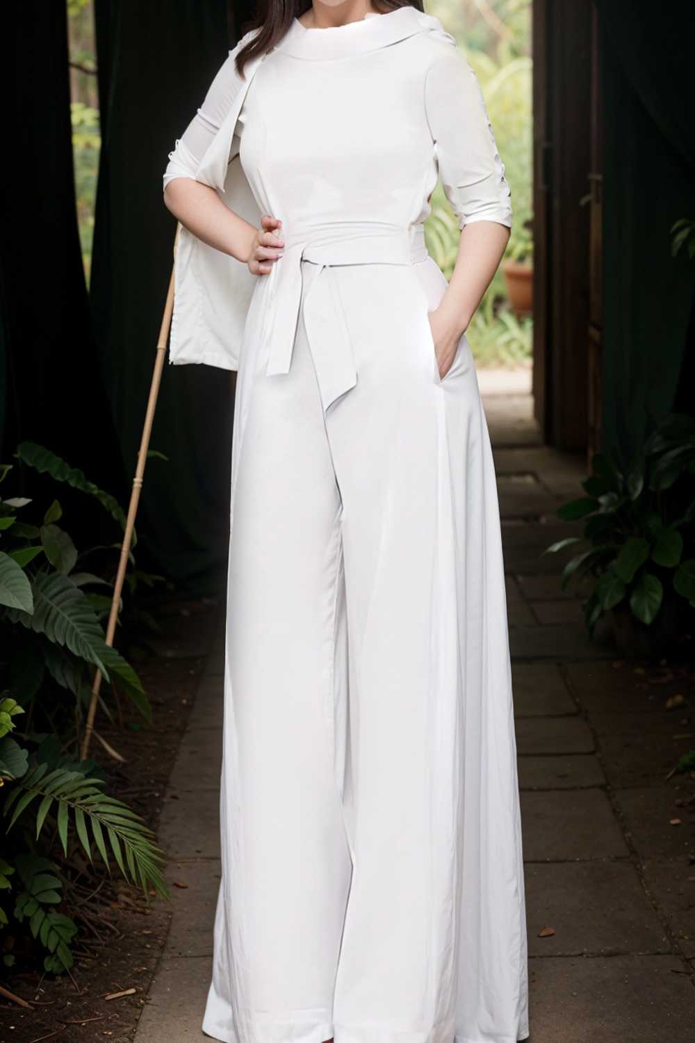 solid five point sleeve belted wide leg jumpsuit 108034