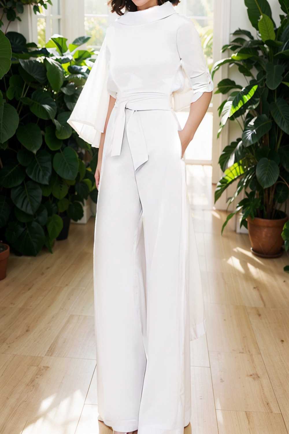 solid five point sleeve belted wide leg jumpsuit 108033