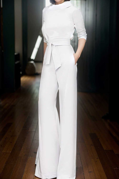 solid five point sleeve belted wide leg jumpsuit 108032
