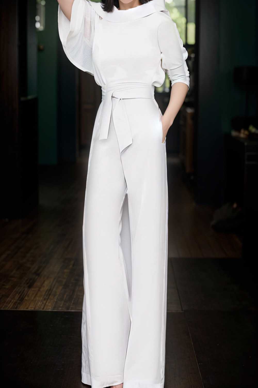 solid five point sleeve belted wide leg jumpsuit 108030
