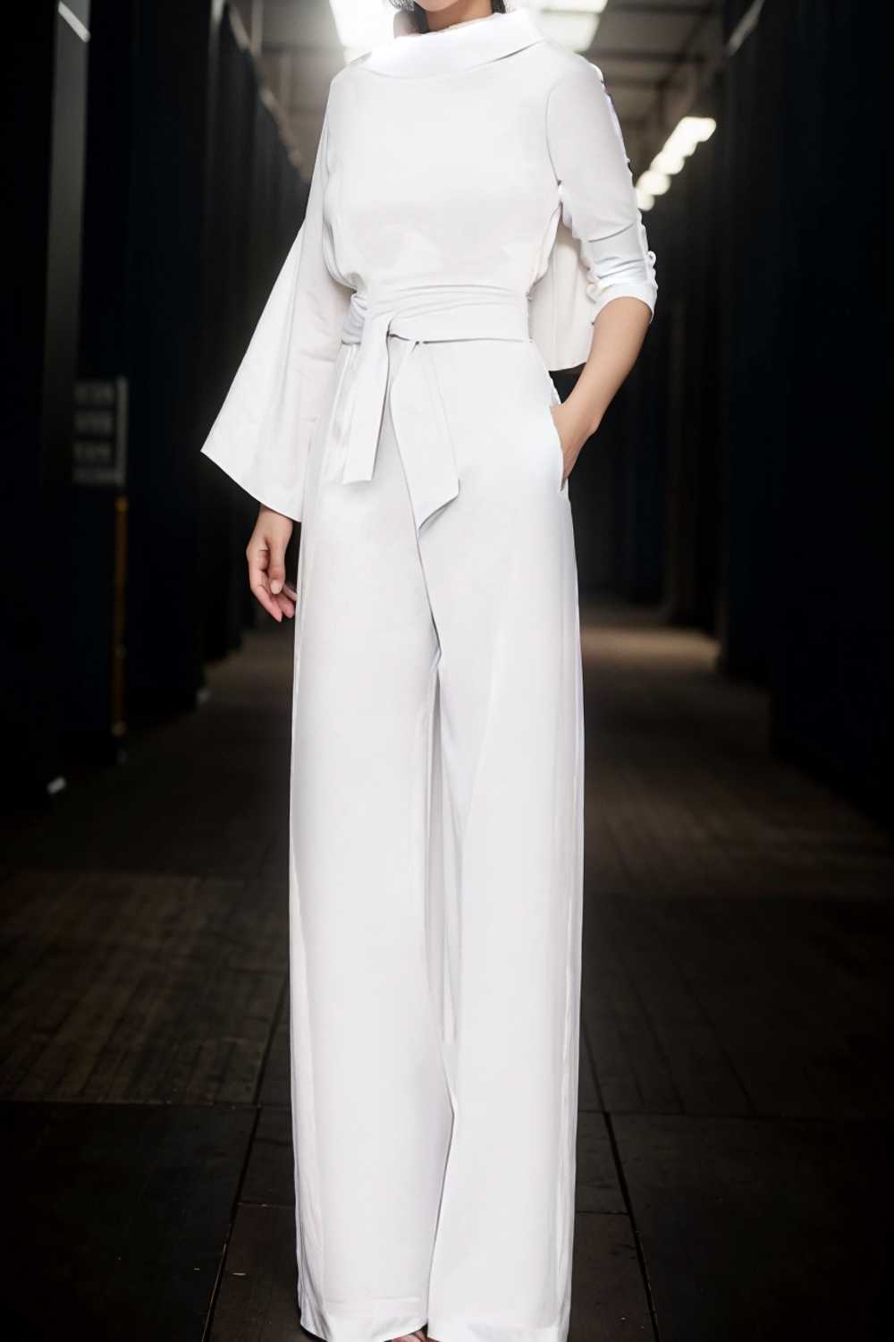 solid five point sleeve belted wide leg jumpsuit 108028