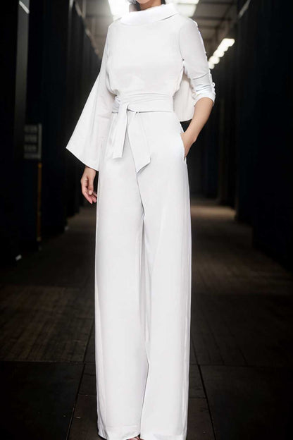 solid five point sleeve belted wide leg jumpsuit 108028
