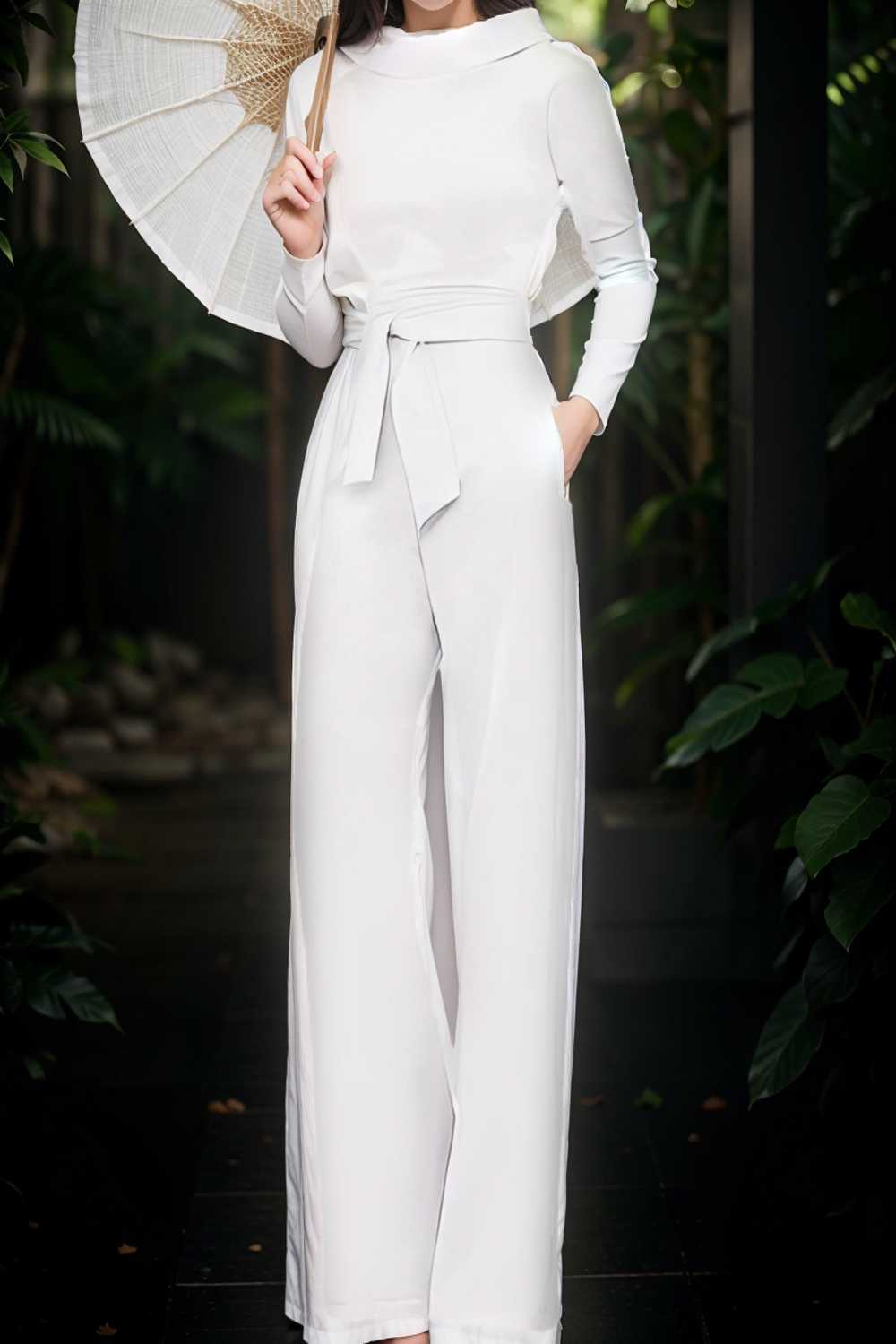 solid five point sleeve belted wide leg jumpsuit 108025