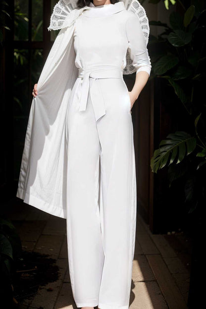 solid five point sleeve belted wide leg jumpsuit 108024