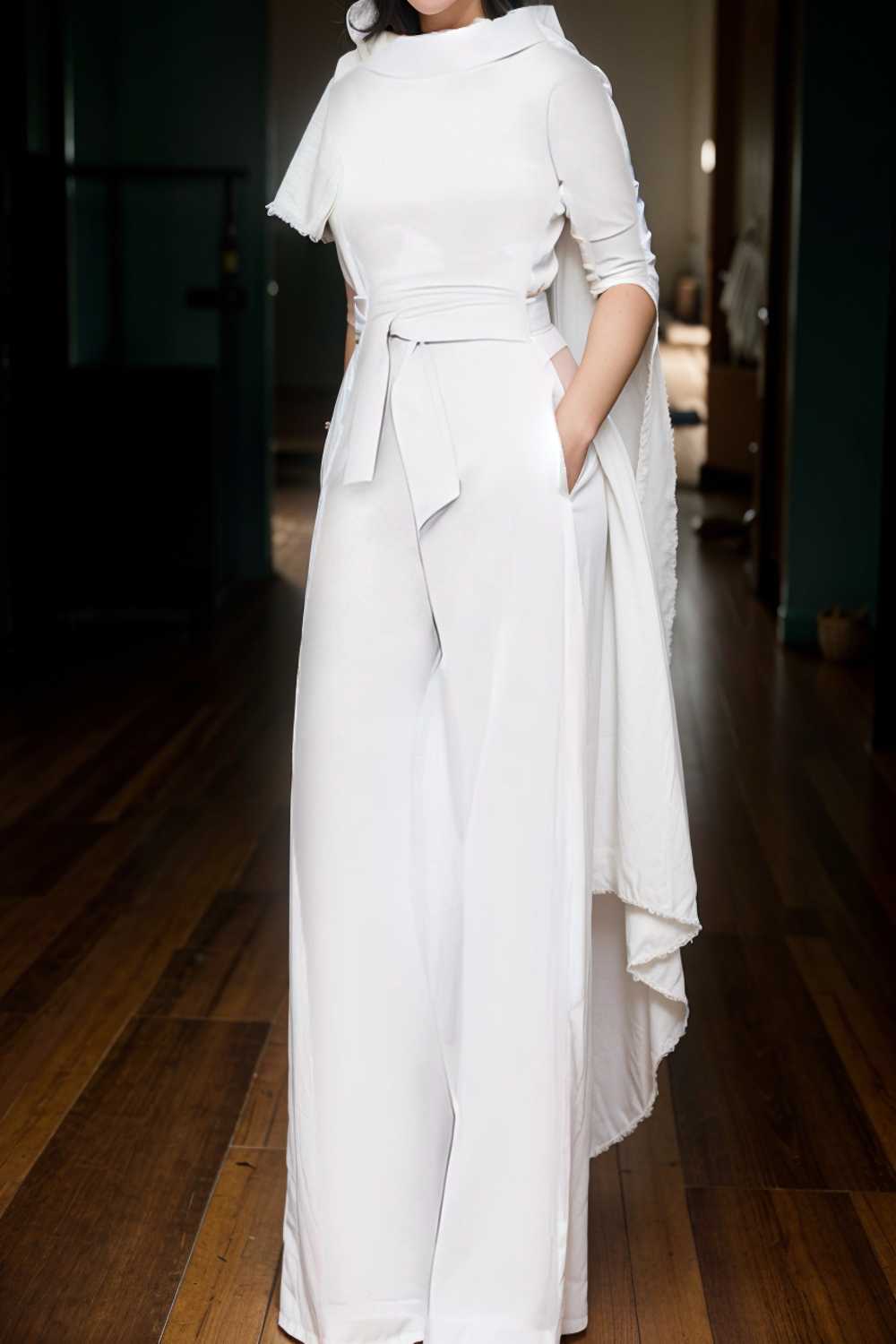 solid five point sleeve belted wide leg jumpsuit 108020