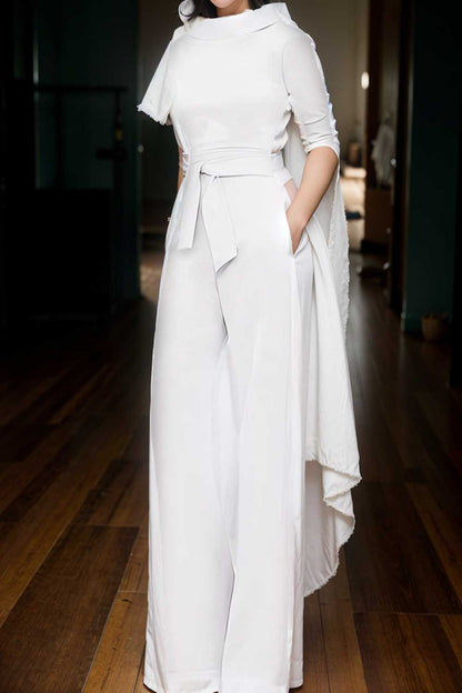 solid five point sleeve belted wide leg jumpsuit 108020