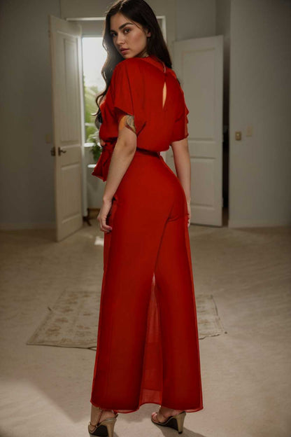 solid five point sleeve belted wide leg jumpsuit 108414