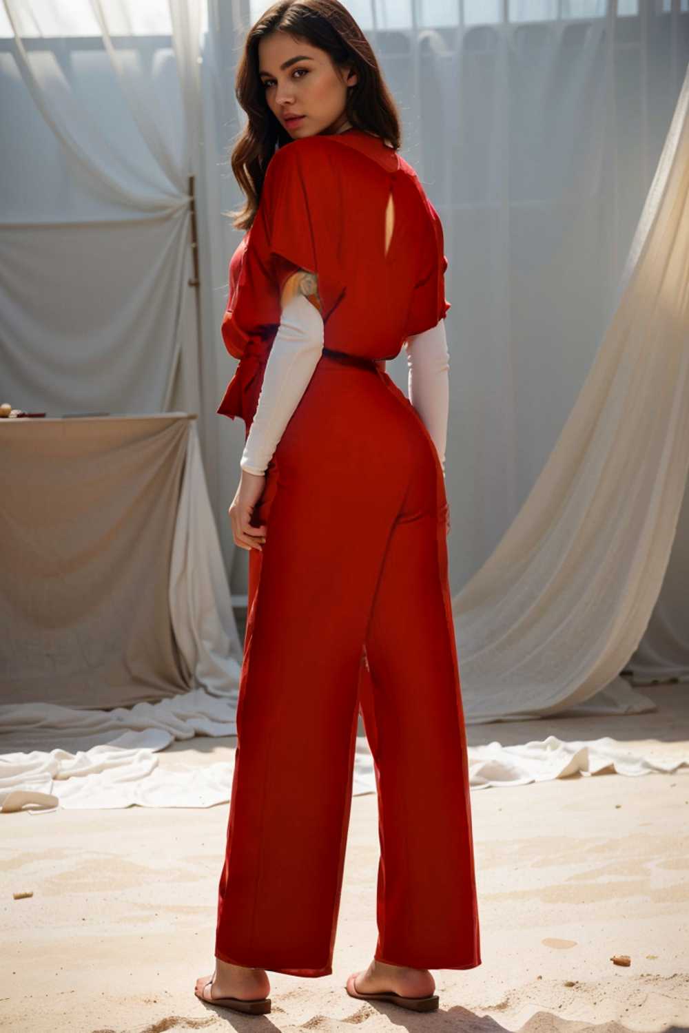 solid five point sleeve belted wide leg jumpsuit 108413