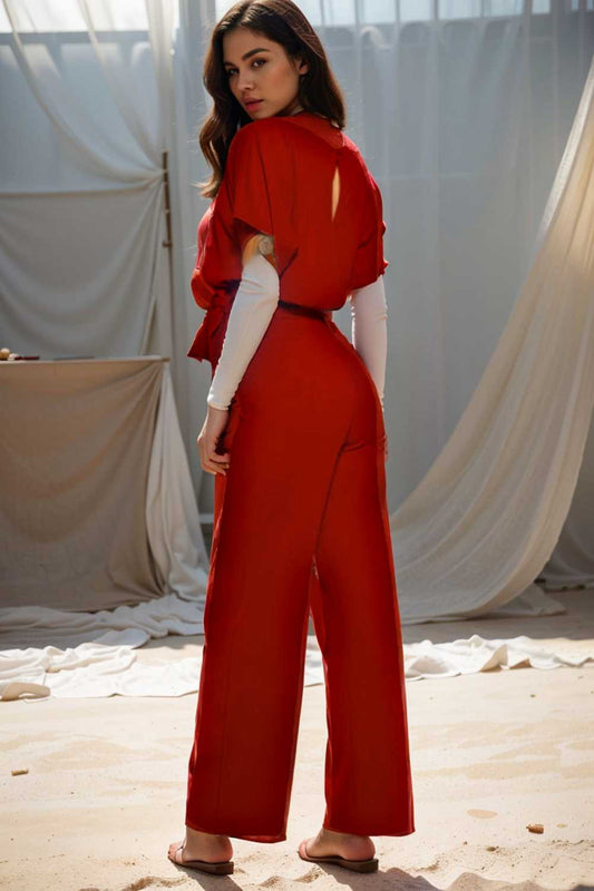 solid five point sleeve belted wide leg jumpsuit 108413