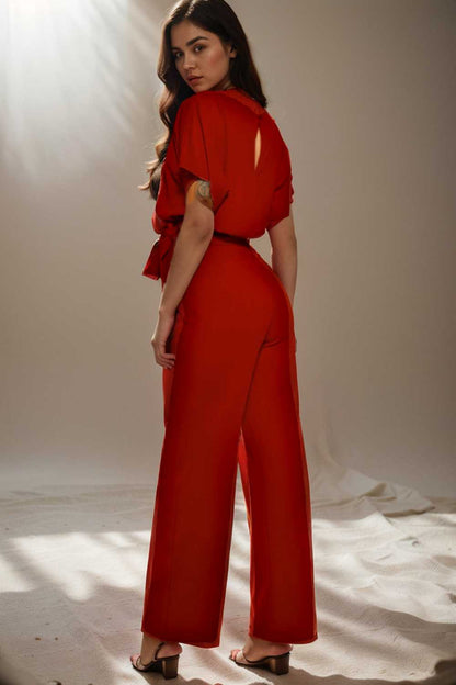 solid five point sleeve belted wide leg jumpsuit 108018