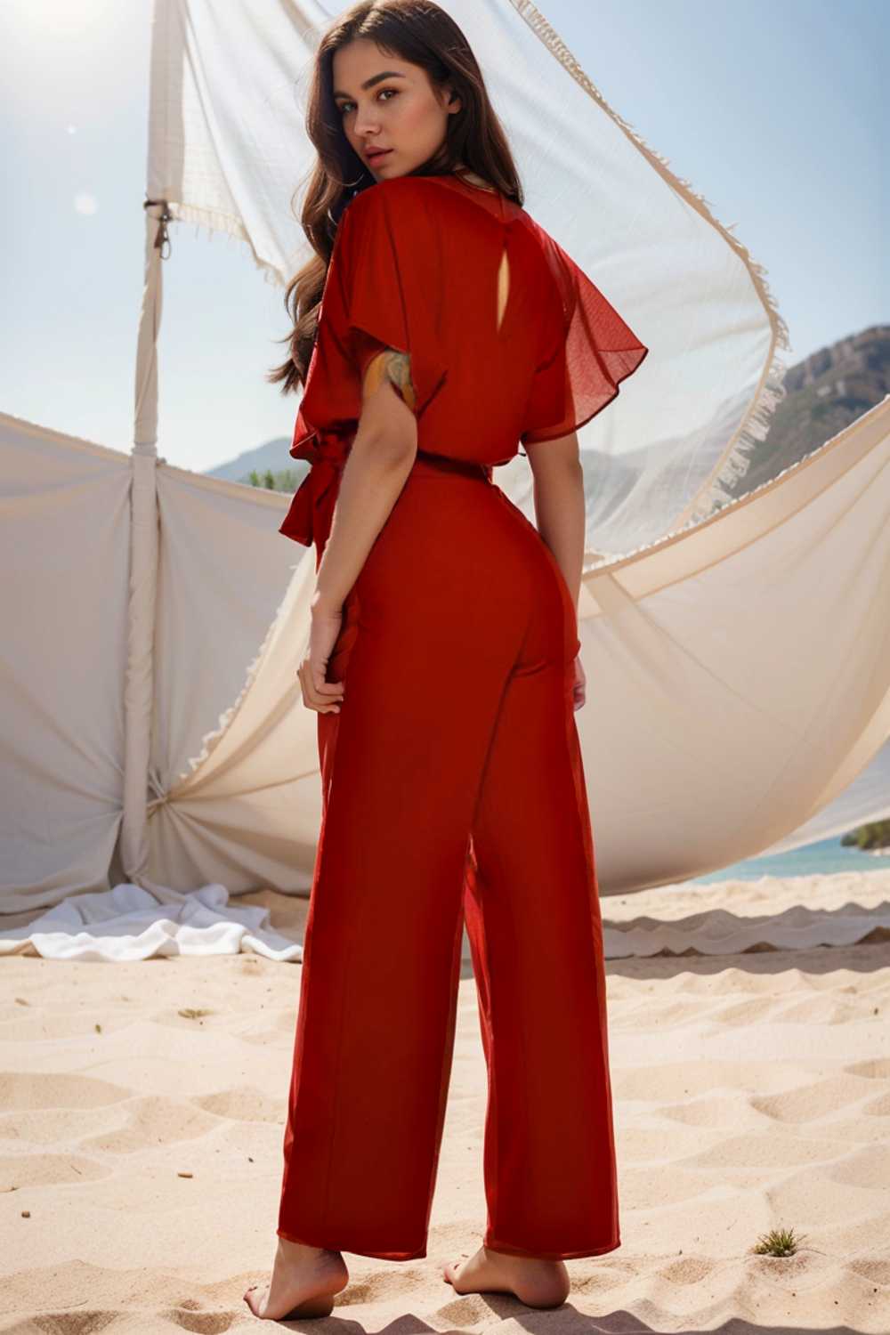 solid five point sleeve belted wide leg jumpsuit 108017