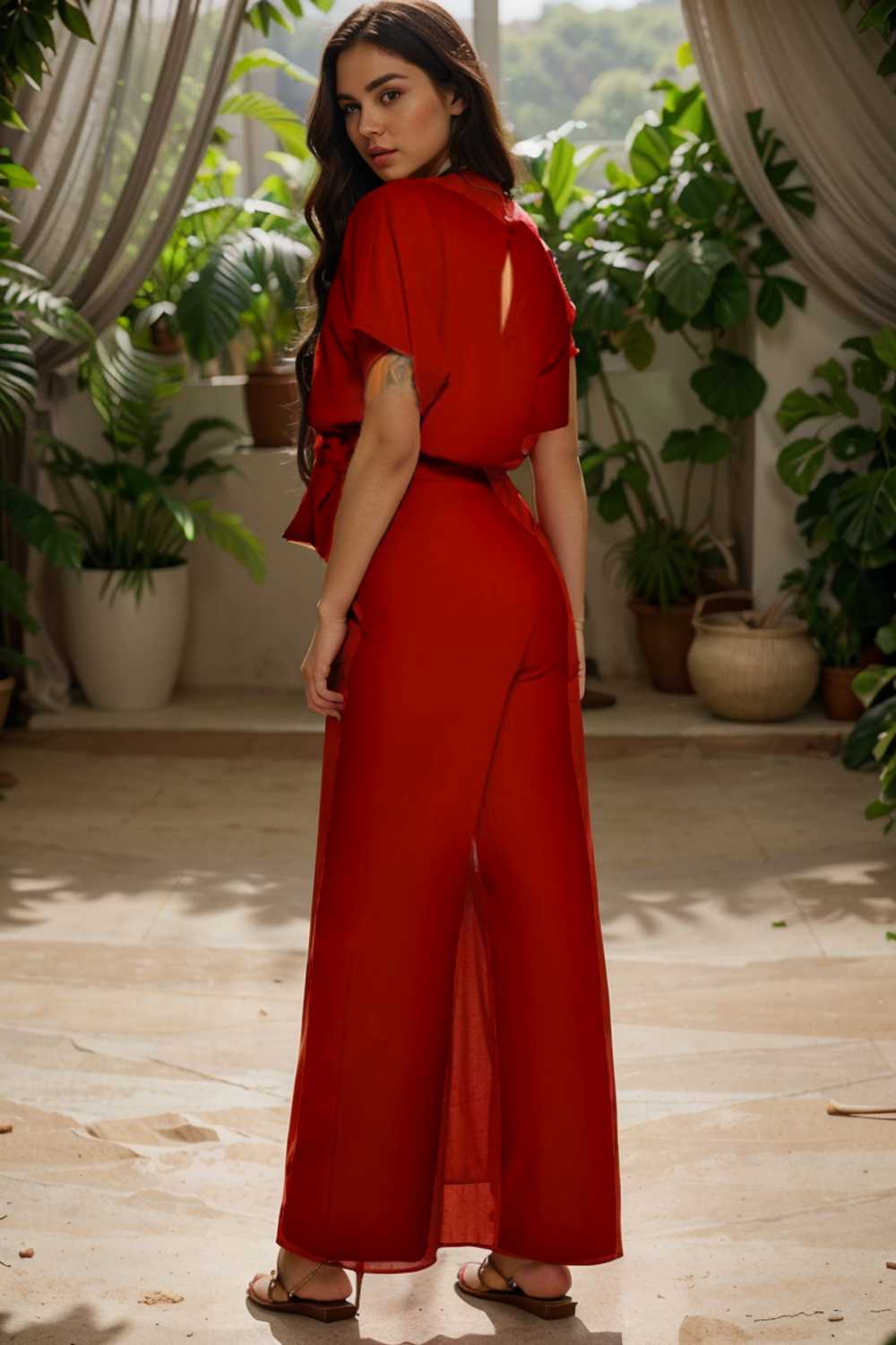 solid five point sleeve belted wide leg jumpsuit 108016