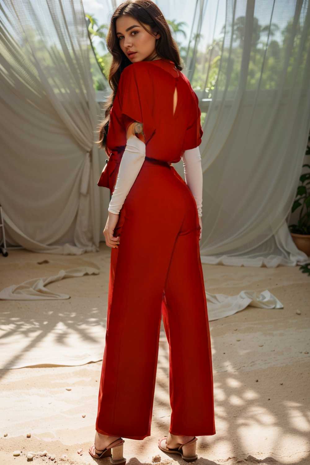 solid five point sleeve belted wide leg jumpsuit 108015