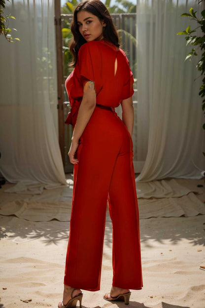 solid five point sleeve belted wide leg jumpsuit 108014