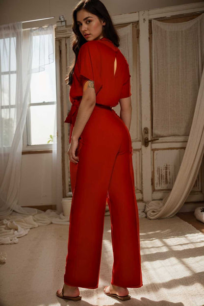 solid five point sleeve belted wide leg jumpsuit 108013