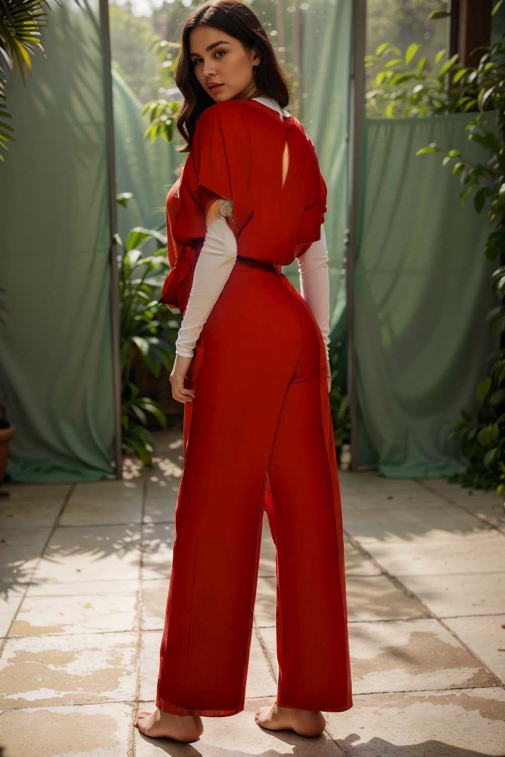 solid five point sleeve belted wide leg jumpsuit 104915