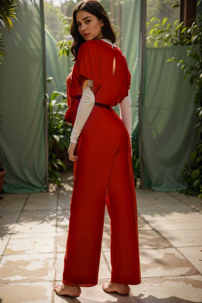 solid five point sleeve belted wide leg jumpsuit 104915