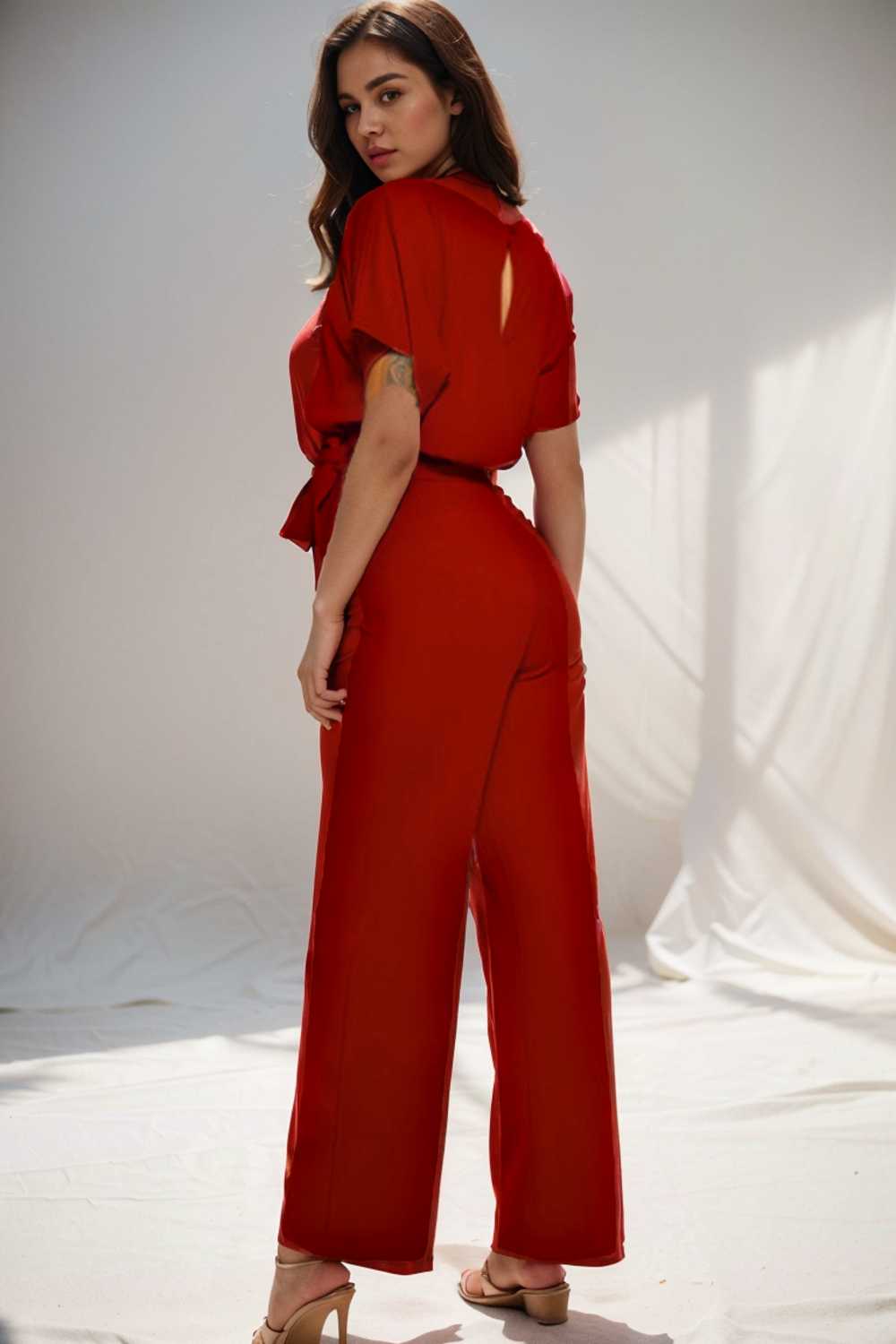solid five point sleeve belted wide leg jumpsuit 104914