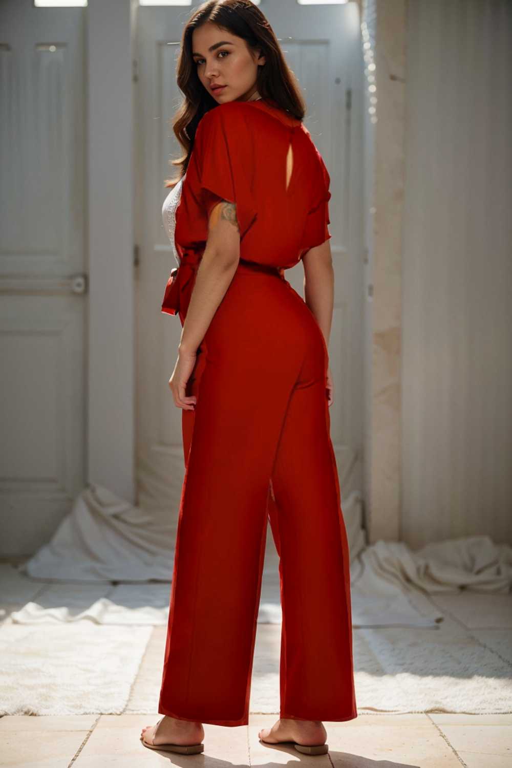solid five point sleeve belted wide leg jumpsuit 104913
