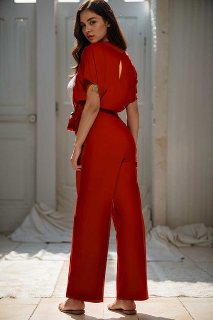 solid five point sleeve belted wide leg jumpsuit 104913
