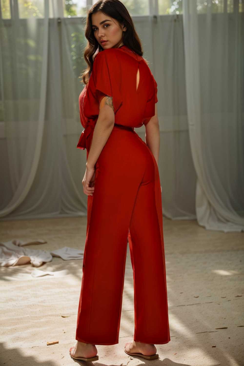 solid five point sleeve belted wide leg jumpsuit 104911