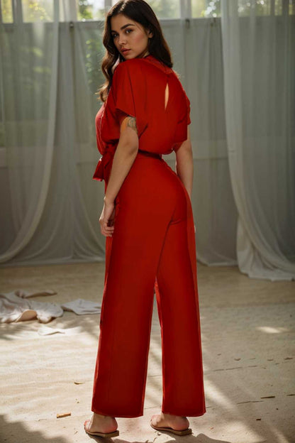 solid five point sleeve belted wide leg jumpsuit 104911