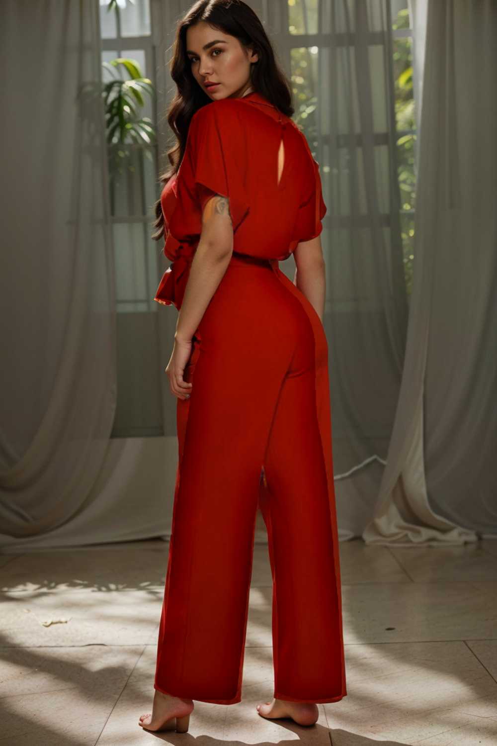solid five point sleeve belted wide leg jumpsuit 104909