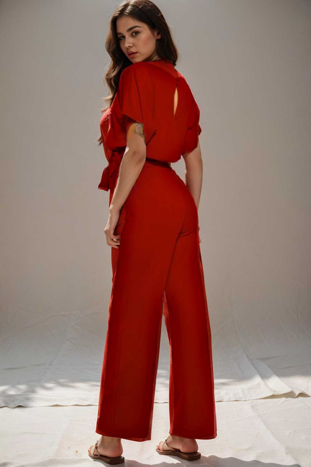 solid five point sleeve belted wide leg jumpsuit 104908