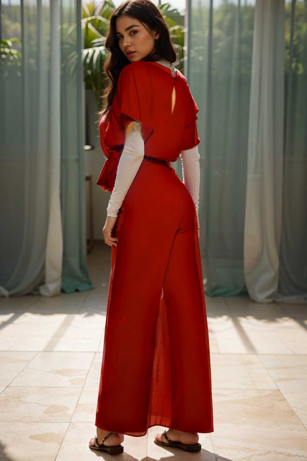 solid five point sleeve belted wide leg jumpsuit 104906