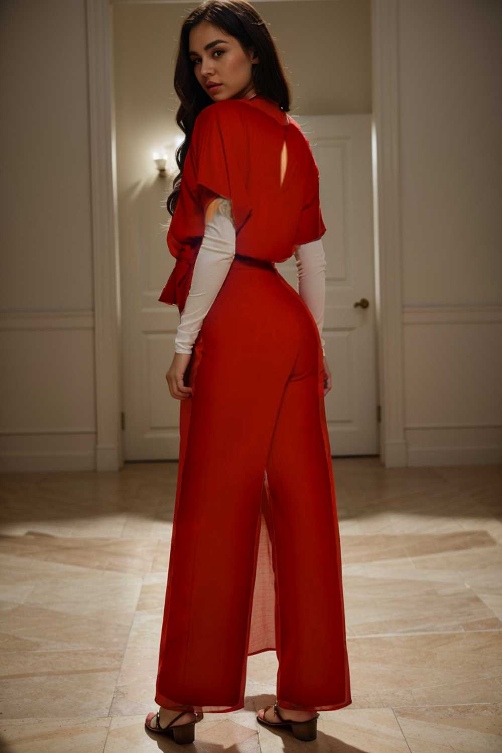 solid five point sleeve belted wide leg jumpsuit 104905