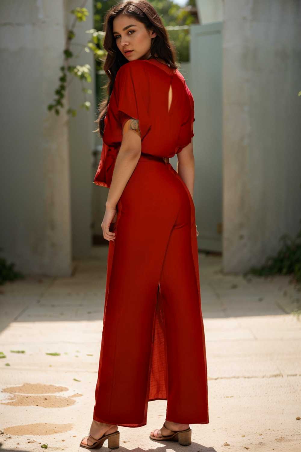 solid five point sleeve belted wide leg jumpsuit 104904