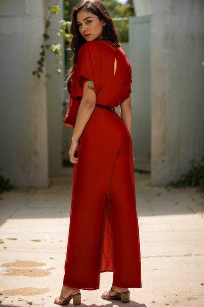solid five point sleeve belted wide leg jumpsuit 104904