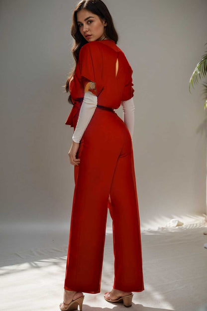 solid five point sleeve belted wide leg jumpsuit 104903