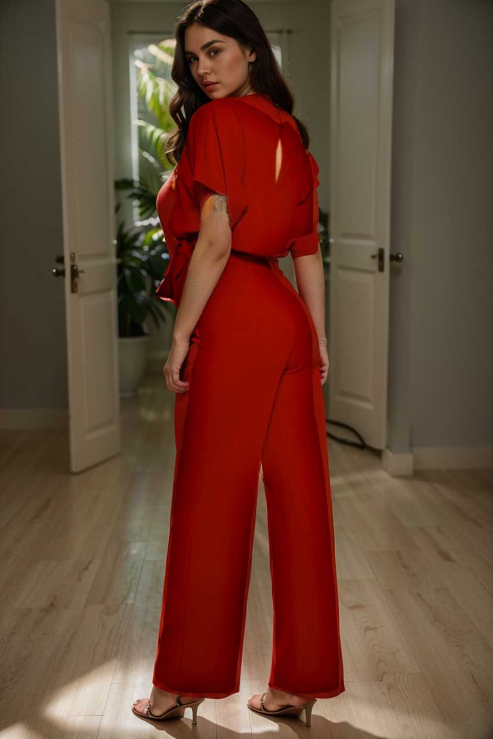 solid five point sleeve belted wide leg jumpsuit 104902