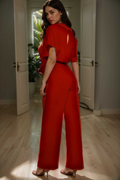 solid five point sleeve belted wide leg jumpsuit 104902