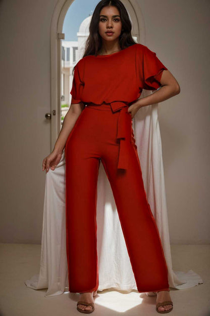 solid five point sleeve belted wide leg jumpsuit 104878