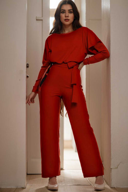 solid five point sleeve belted wide leg jumpsuit 104870