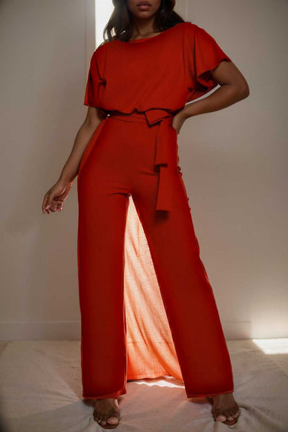 solid five point sleeve belted wide leg jumpsuit 104866