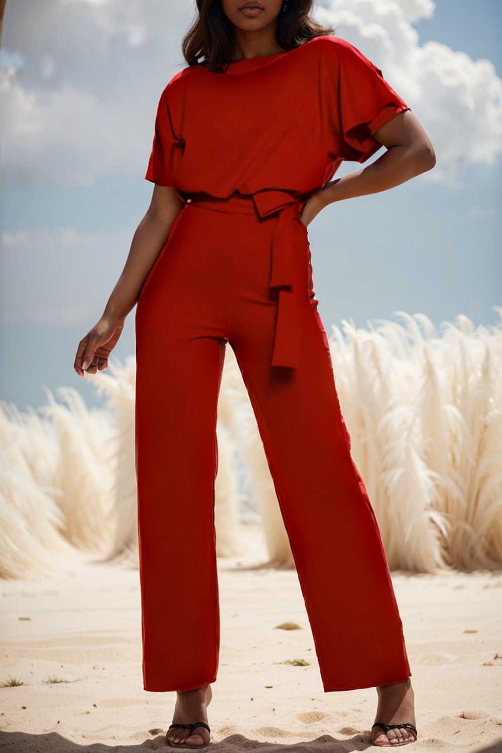 solid five point sleeve belted wide leg jumpsuit 104860