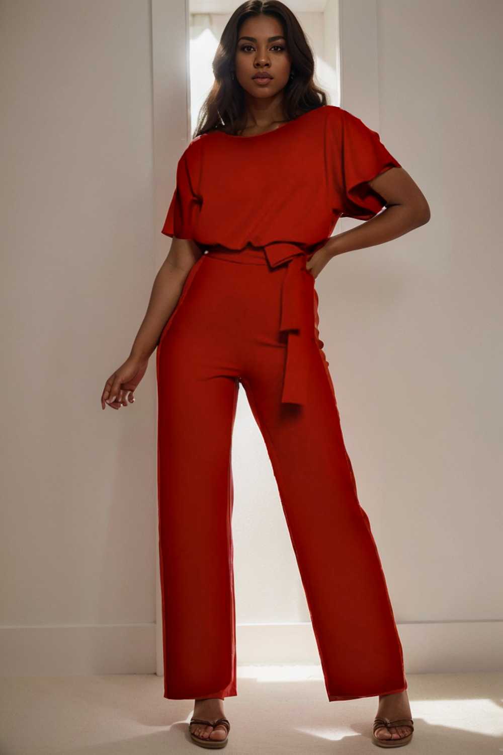 solid five point sleeve belted wide leg jumpsuit 104852