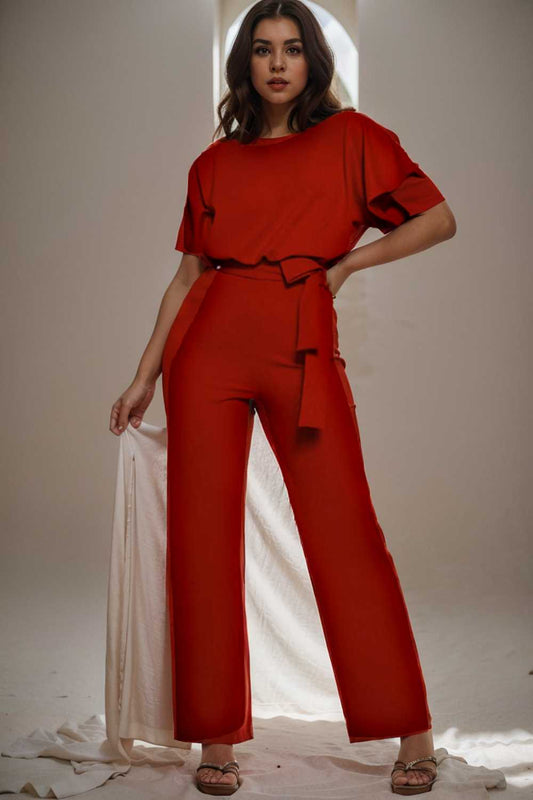 solid five point sleeve belted wide leg jumpsuit 104844