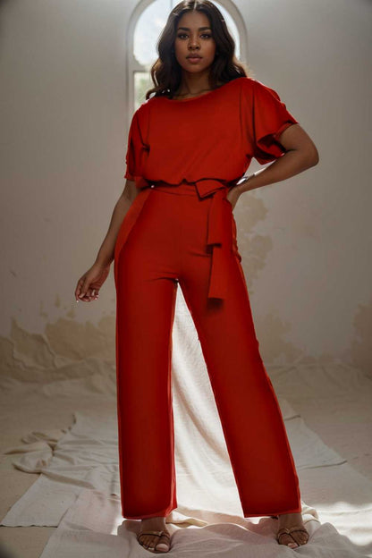 solid five point sleeve belted wide leg jumpsuit 104824
