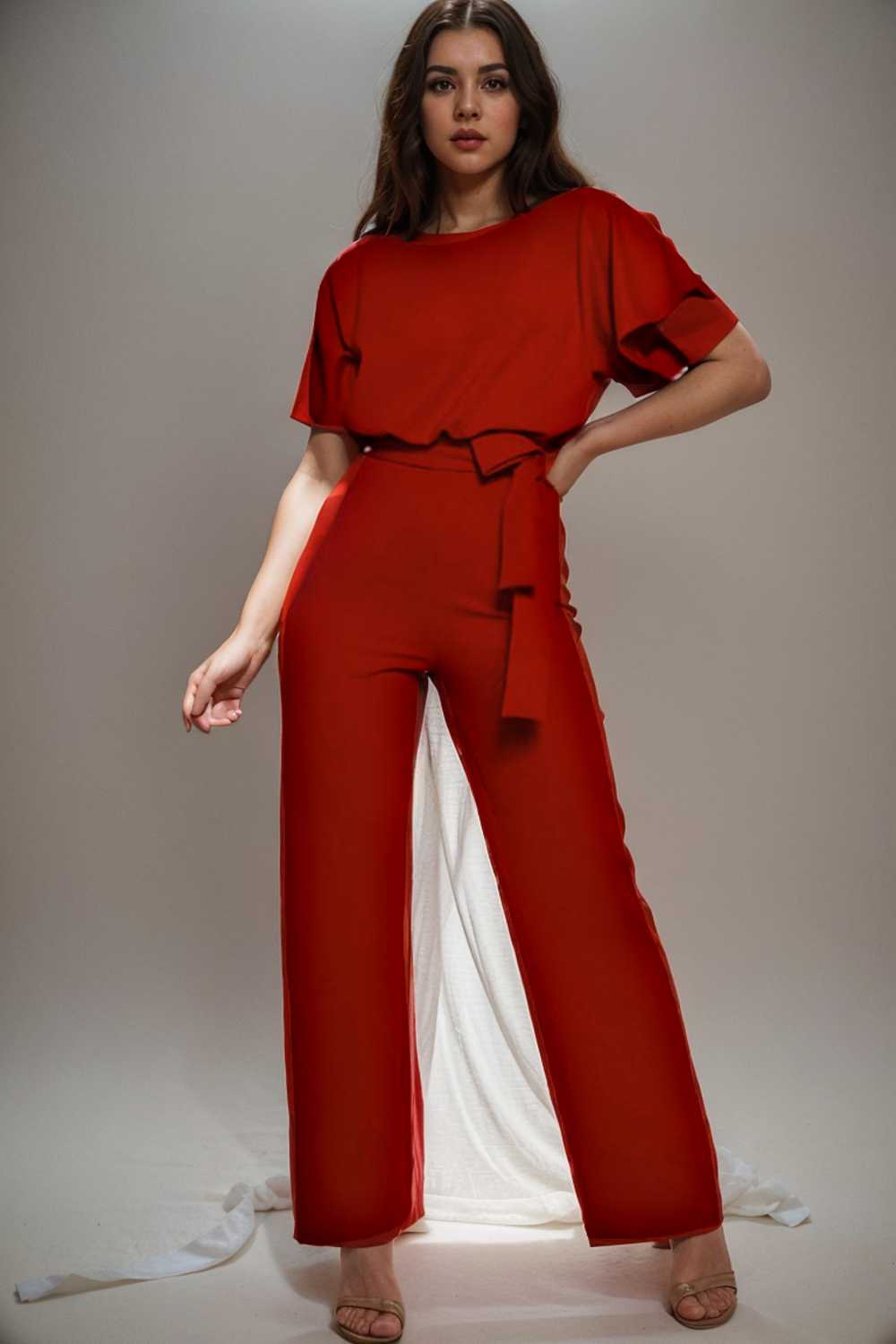 solid five point sleeve belted wide leg jumpsuit 104823