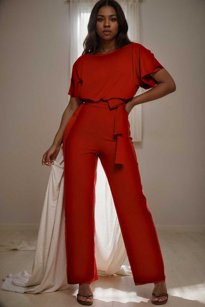 solid five point sleeve belted wide leg jumpsuit 104821