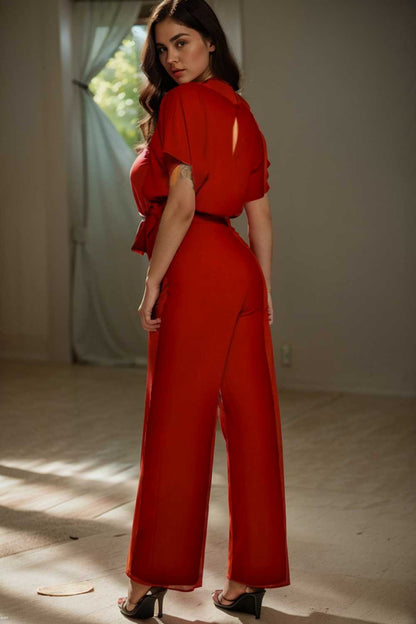 solid five point sleeve belted wide leg jumpsuit 104819