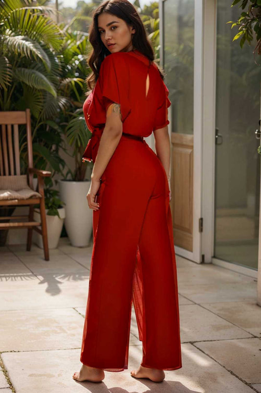 solid five point sleeve belted wide leg jumpsuit 112798