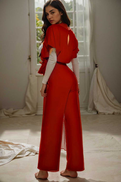 solid five point sleeve belted wide leg jumpsuit 104817
