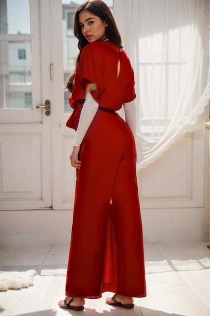 solid five point sleeve belted wide leg jumpsuit 104816